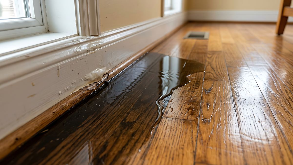 Überflutete Küche mit beschädigten Schränken und Parkett nach einem Wasserschaden aus der Wohnung darüber.